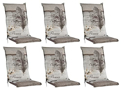 Gartenstuhlauflagen Hochlehner 6er Set - 120 x 50 cm - Beige - Federmotiv - Baumwolle - Sesselauflage Sitzpolster Stuhlauflage
