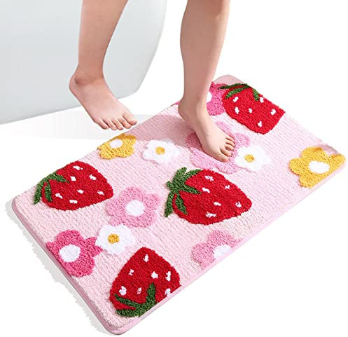 Mislaxy Badematte rutschfeste Fußmatte Badezimmerteppiche Badewanne Duschteppich Erdbeere Beflockter Teppich für Schlafzimmer, Badezimmer, Heimdekoration (Rosa, 50x80cm)