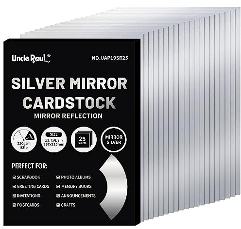 A4 Silberfarbenes Spiegelkartonpapier, 25 Blatt, 250 g/m²/92 lb, metallisch reflektierendes Papier für Bastel- und Heimwerkerprojekte UAP19SR25