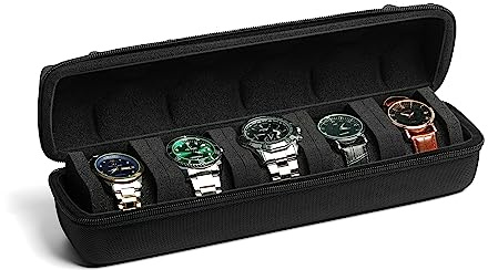 RIGICASE 5 slots Watch travel case, Portable watch carry case organizer box, hard watch roll holder with soft foam pillows snug fit watches up to 60mm face