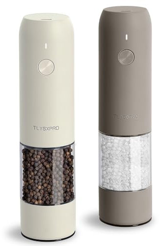 TLYSXPRO Juego de Molinillo Pimienta Eléctrico y Salero, Recargable por USB, Molinillo de Salero y Pimentero con Granulometría Ajustable, Luz LED (2 Piezas, Greige&Buttercream)