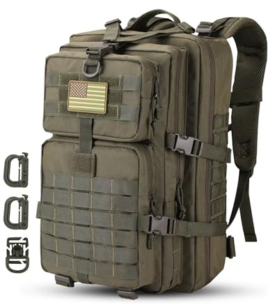 Hannibal Tactical Sac à dos Style Tactique Militaire, 40L Grand Volume Sac à Dos Multifonction, pour Randonnée, Alpinisme, Escaladed, École, Mousqueton D Forme vert Armée