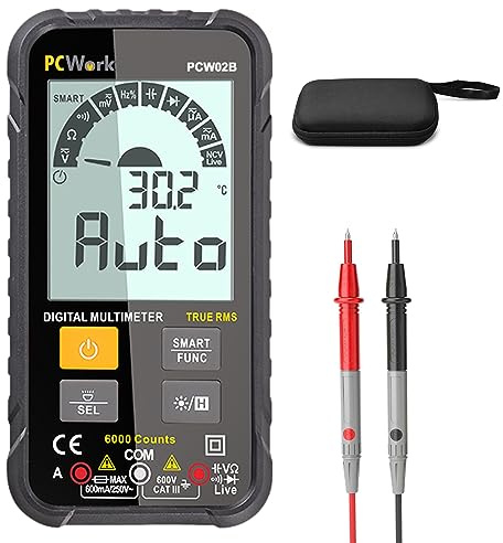 PCWork Mini multímetro digital PCW02B, multímetro inteligente, pantalla grande, True RMS, rango automático, 6000 contadores, CAT 3 600 V, medidor de corriente, medidor de voltaje, comprobador de