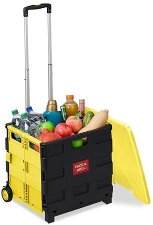 Relaxdays Shoppingvagn, hopfällbar vagn med hjul och lock, teleskophandtag, upp till 35 kg, vikbar vagn, gul/svart