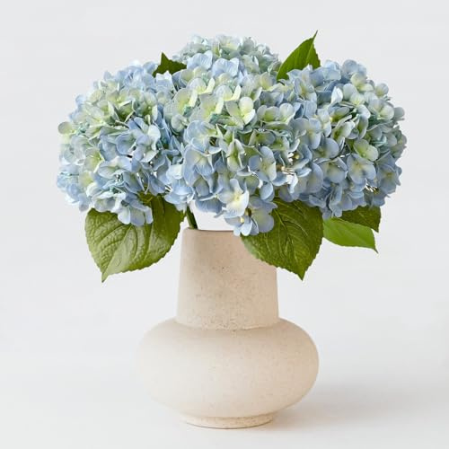 ZYTUYO 20 4PCS Artificial Light Blue Hydrangea Flowers Large Faux Latex Real Touch Fake Hydrangeas Silk Bouquet with Leaves Stems for Family Table Office Wedding Party Arrangements