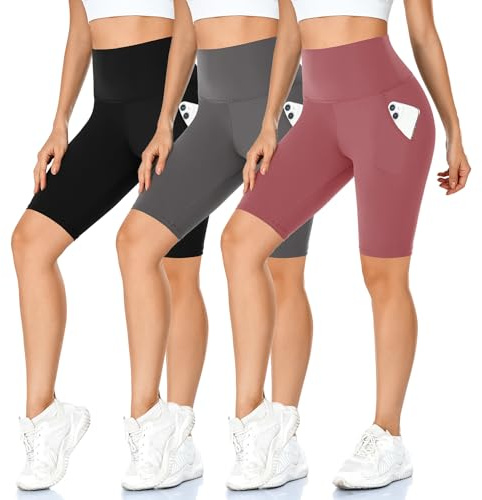 MOREFEEL Confezione da 3 pantaloni da ciclismo da donna con tasche, a vita alta, opachi, per yoga, sport, fitness