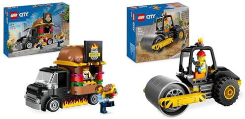 LEGO City Le Food-Truck de Burgers, Jouet de Camionnette, Cadeau pour Garçons et Filles de 5 Ans+ & City Le Rouleau Compresseur de Chantier, Jouet de Construction de Véhicule, Maquette de Camion