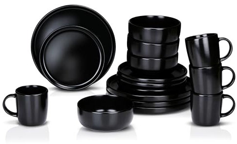 Alpina Vajilla de 16 piezas – Juego de vajilla para 4 personas – Vajilla de loza – Platos de desayuno, platos de cena, cuencos y tazas – Negro