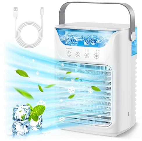Tragbarer Klimaanlagenventilator 4 in 1, 700 ml Verdunstungs Mini Luftkühlerventilator mit Touchscreen, 3 Gang Befeuchtung und 7 LED Lichtern, 2 6 Stunden Timer, Persönliche