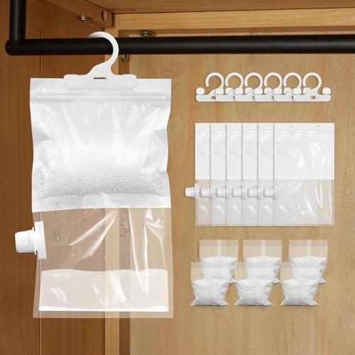 Déshumidificateur suspendu, 6x130g Déshumidificateur en granulés avec 6 sacs réutilisables, Sac désodorisant anti-moisissure déshydratant pour cave, chambre à coucher, salles de bain
