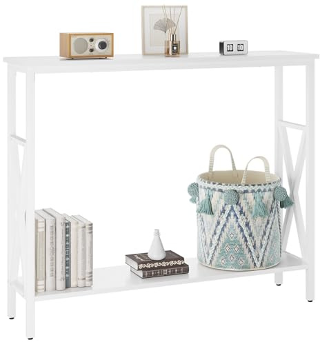 YMYNY Mesa de Entrada Estrecha, Consola de Exposición, Auxiliar para Sofá, Estilo Industrial, 101×25×80.5CM Blanco HST007W