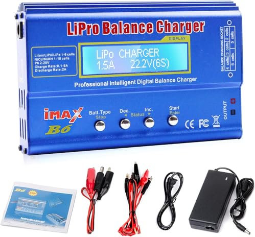 Lipo Battery Charger 80W 6A, B6 Mini Professional Balance Charger with AC Power Adapter for 1S-6S LiPo Lilon Life NiCd NiMh Pb RC Battery