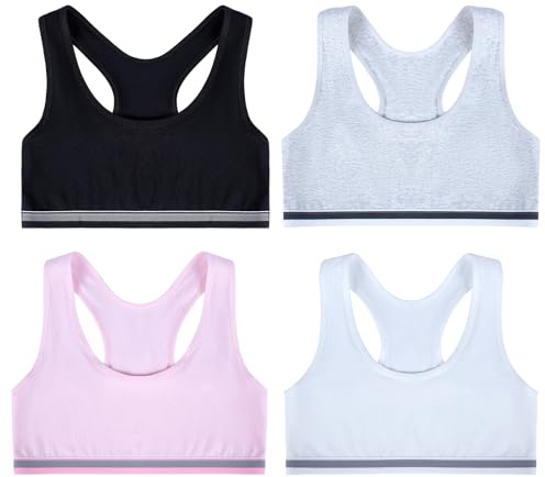 Lancry 4 PCS Top Crop per Ragazze Età 7-14 Cotone Morbido Top Crop da Ragazze Senza Imbottitura Reggiseno Racerback Primo Reggiseno per Bambini Sport e Allenamento, 12- 14 anni