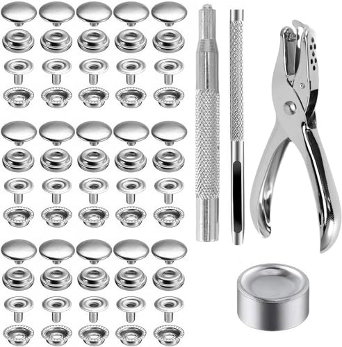 Juego de botones a presión con alicates, 200 unidades, botones redondos de metal de 15 mm, juego de botones a presión de acero inoxidable con caja de almacenamiento y herramienta de fijación, botones