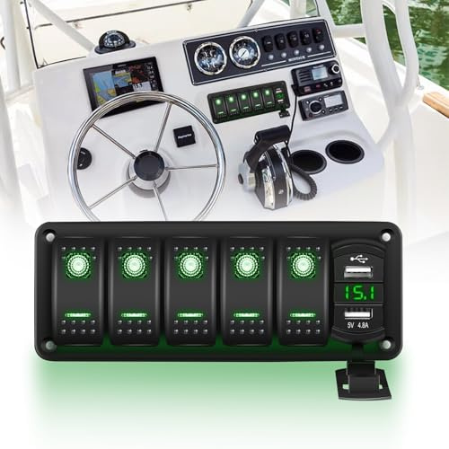 Chelhead 5 gäng brytarpanel för båtar med voltmeter | Aluminium vippbrytare panel dubbel USB-laddare med grön LED-bakbelysning förkopplad