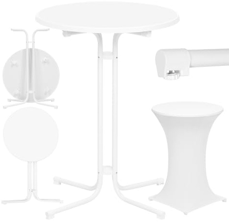 WOLTU Stehtisch klappbar, Bistrotisch mit Husse, Gartentisch wetterfest rund, Bartisch Ø 80 cm, Hochtisch 110 cm, Beistelltisch Indoor Outdoor, für Garten Party Hochzeit, Metallrohre, Weiß