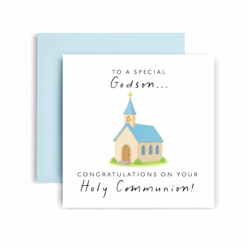 Huxters First Holy Communion Card for Godson - Chapel Design - Thoughtful Religious Greeting Card for a Special Milestone - 17 by 12cm (Godson)