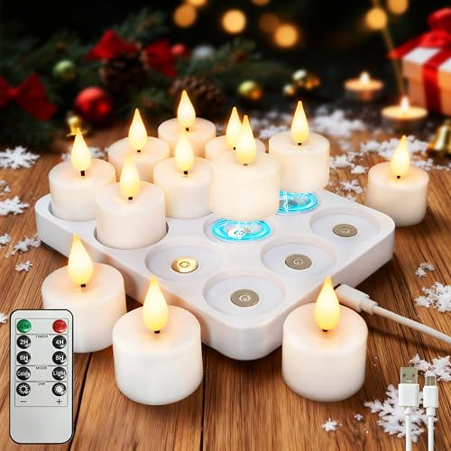 12 Stück LED Teelichter Wiederaufladbar Timer Batterie Kerzen Ladestation