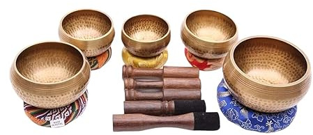 Juego de cuencos tibetanos hechos a mano, cuencos de meditación de color cobre martillado con mazos de madera y cojines, juego de 5