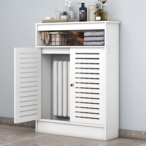 Armario de baño blanco con puertas con persianas, cubierta decorativa para radiador y enrutador, diseño de listones verticales, solución de almacenamiento que ahorra espacio (39.3 x 39.3 x 7.8