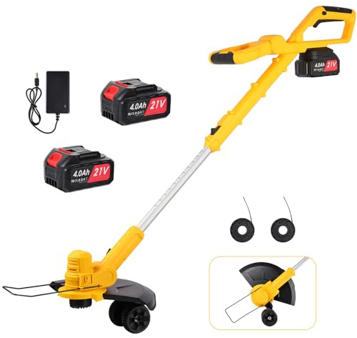 Decespugliatore a Batteria 21V, 2×4000mAh, Tagliabordi Elettrico con Altezza e Angolo Regolabili, 8500RPM, 2 Bobine, Tagliabordi e Tagliaerba da Giardino