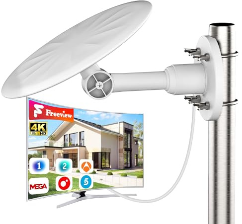 Antena TV Exterior 2026 Mejorada, Recepción HD y 4K con Cobertura 720°, Señal de Largo Alcance, Cable Coaxial 10m, Instalación Sencilla en Tejados, Paredes y Terrazas, Compatible con Smart TV(Blanco)