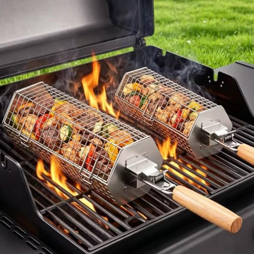 Yaskyly Cestello Regolabile per Barbecue, Design Esagonale ad Apertura Rapida, Manico Rimovibile, Acciaio Inossidabile 304, Accessori BBQ per Verdure, Griglia Carbonella per Esterno Campeggio Cucina