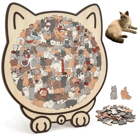 Puzzle Chat en Bois Coloré, 135 Pièces - Forme Originale de Chat, Cadeau Créatif pour Les Amoureux des Chats, Décoration Intérieure