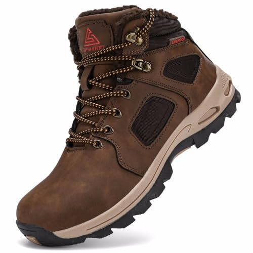 CYKYGGO Bottes Hiver Hommes Bottines de Neige Fourrées Imperméable Cuir Boots Chaudes Trekking Chaussures Antidérapant Outdoor Marron 43