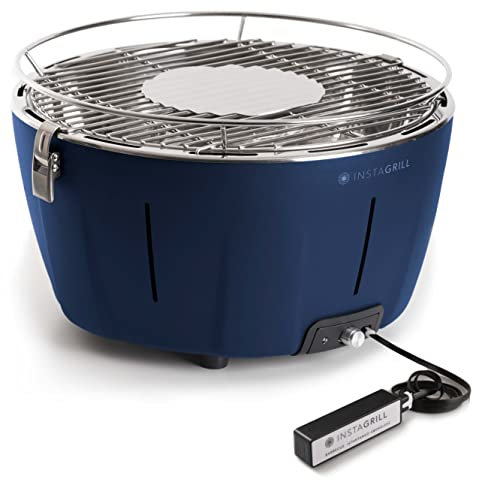 Barbacoa de mesa sin humo de carbón con batería recargable incluida. Diámetro 34 cm. Se enciende en 5 minutos (azul océano)
