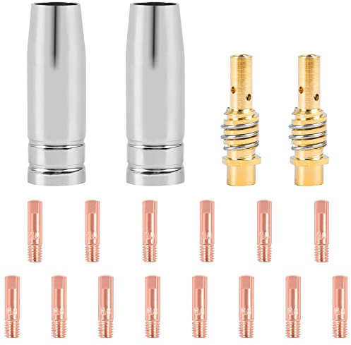 FBBULES 18 Stück Schweißzubehör Verschleißteile Set, 15AK MIG MAG Schweißdüsenzubehör Schweißgerät Ersatzteile, 2x Gasdüse, 2x Düsenstöck, 8x Schweißdüsen 0,8mm, 6x Stromdüse 1mm