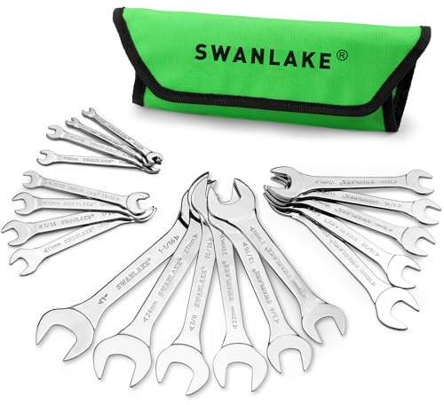 SWANLAKE GARDEN TOOLS 19-Piece Super-Thin Open End Wrench Set with Rolling Pouch, Metric 5.5–27 mm & SAE 1/4-1-1/16, 3 mm Thickness Slim Spanner Wrench Set, Carbon Steel