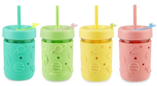 PandaEar 4 Stück Trinkbecher Kinder mit Strohhalm, Trinklernbecher ab 6 monate, Kleinkind Glasbecher, Mason Jar Tasse 8,45 Unzen Kinderbecher Baby Sippy Cup
