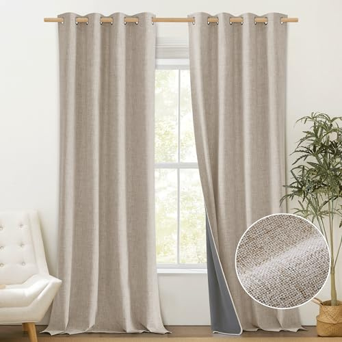 PONY DANCE 100% Blackout Curtain - Beige Linen Look Curtains Thermal Coating Curtains with Eyelet, 52 inches Wide x 90 inches Black Out Window Drapes, Energy Saving Drapes for Living Room, 2 Panels