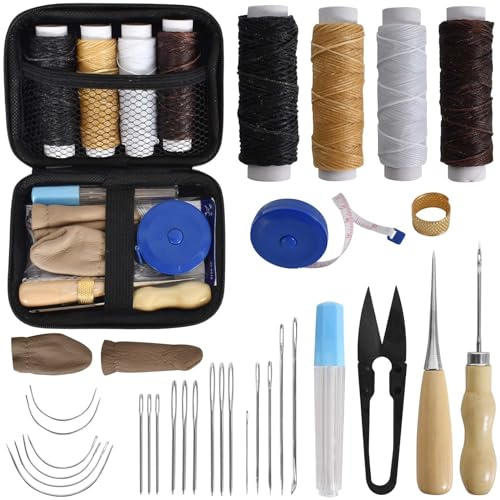 DecorDwell Set da Cucito in Pelle, Kit di Riparazione Tappezzeria, con Filo Cerato, Ago in Pelle, Punteruolo da Cucito, Ditale, Metro a Nastro e Custodia per Artigianato in Pelle