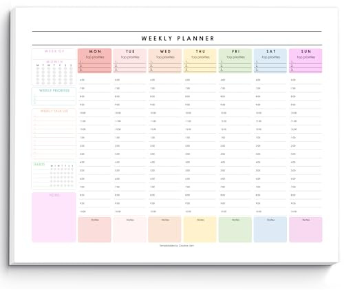 Weekly Hourly Planner Notepad, Daily Planner Desk Pad, Weekly Schedule, To Do List Note Pad, ADHD Planner | 50 Undated Tear Away Sheets | A4 (Rainbow)