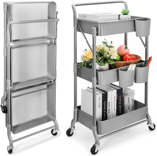 Shrivee Carrello da cucina a 3 livelli, carrello da servizio, pieghevole, in metallo, scaffale, organizer da cucina, carrello pieghevole multiuso per cucina, bagno, ufficio (grigio)