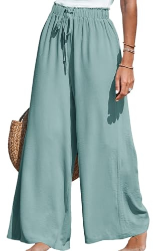 CUPSHE Pantalon pour femme avec cordon de serrage, jambes larges, taille haute, décontracté, léger, pour la plage, été, Vert, L