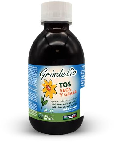 GRINDELIO: Tos Seca y Productiva con Grindelia, Helicriso, Altea, Tomillo, Propóleo y Miel. 200 ml Solución mucolitica natural contra la tos y dolor de garganta. Sin alcohol, gluten y aromas añadidos.