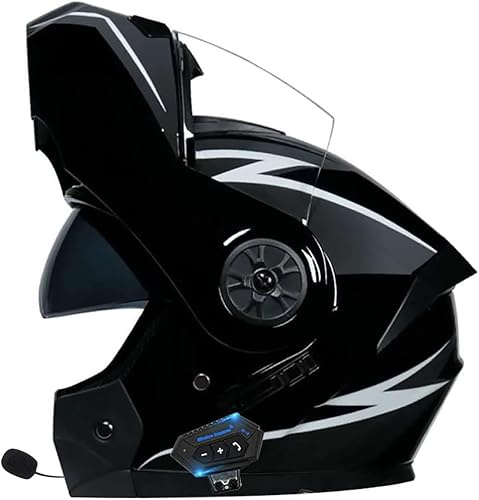 Bluetooth Casque Modulable Moto Casque Flip Up Intégral Moto avec Double Anti-buée Visière Casques Intégraux ECE Homologué Lumière pour Femmes Hommes D,S=55-56CM