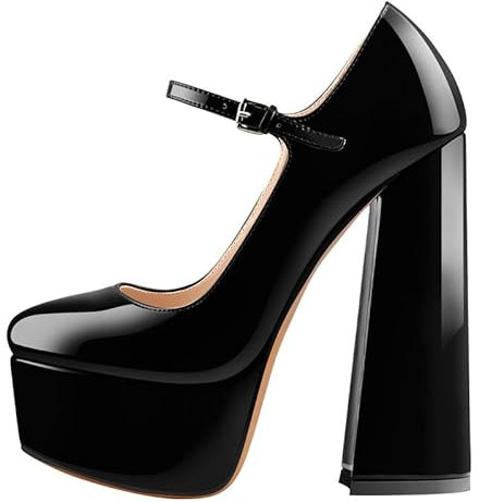 blingqueen Damen Mary Jane Pumps mit Blockabsatz Runde Zehen Damenschuhe High Heels Plateau Lack Schwarz 45 EU