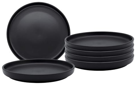 Piatti da cucina in ceramica fine con bordo nero opaco, set da 6 pezzi, eleganti piatti da colazione in ceramica, diametro 21 cm, piatti piani, antipasti, piatti per 6 persone, lavabili in