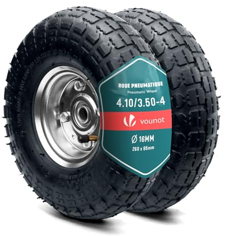 VOUNOT® 2 Ruedas Inflable 4.10/3.50-4 Rueda Completa Neumático Cámara con Válvula Llanta Rodamientos Bolas Eje 16mm 260x85mm Neumáticos Recambio para Carretillas Obra Carros Jardinería Remolque Negro