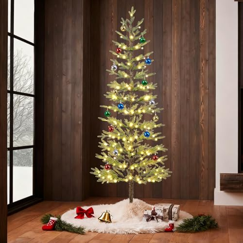 Lightshare 7.5FT 180L Warm White Evergreen Pine Needle Tree, Pencil Christmas Tree Lighted Pyramid Design with Ornaments, Remote Control & Dimmable, Artificial Christmas Holiday Decoration
