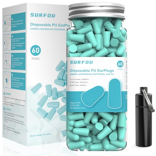 SURFOU Tappi Orecchie Dormire 60 Paia, 38 dB Riduzione Rumore, Riutilizzabili e confortevole per chi dorme di lato, ideale per viaggi, sonno e studio con Custodia Portatile, Verde