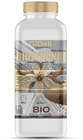 GiDeli Bioetanol 1 l de aroma de vainilla 96,6% etanol para chimeneas interiores y exteriores, sin humo ni hollín, de maíz y remolacha azucarera