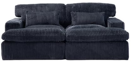 Oversized Modular Chaise Lounge Indoor,Upholstered Sleeper Cloud Couch,Deep-Seat Sectional Loveseat,Convertible Reclining Lounger,Corduroy Surface,Pocket-Spring Base,Memory-Foam Layer (Black)