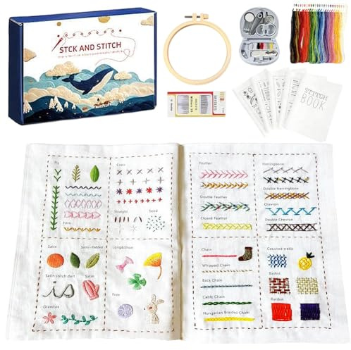 FARYODI Bordado de tela hecho a mano, regalo único hecho a mano, libro de bordado de lino con una variedad de patrones y herramientas de costura, manualidades para niños y decoraciones navideñas