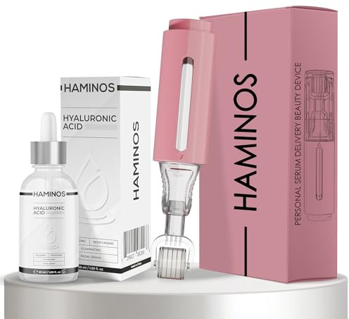 HAMINOS Derma Roller 0,25 mm avec Sérum Acide Hyaluronique pour Femmes, Microneedle Roller avec Réservoir, Applicateur Sérum pour Lèvres Hydratées, Lisses et Plus Pulpeuses