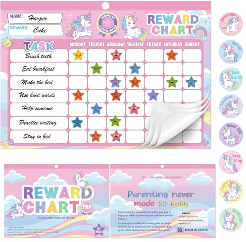 Magnetic Reward Chart For Kids, 32 Perforated Chore Charts, Unicorn | Full Magnetic Backing, Hangable Design, 2112 Star Stickers, 48 Reward Stickers, for Motivate Responsibility & Good Habits